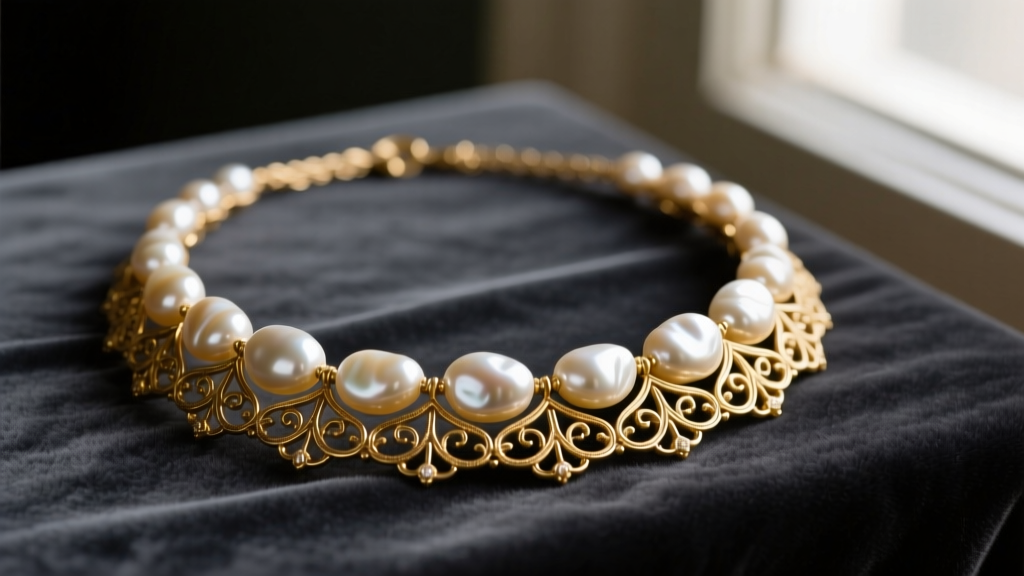 Miriam Haskell vintage necklace with hand-wired baroque pearls and matte Russian gilt filigree resting on dark charcoal velvet