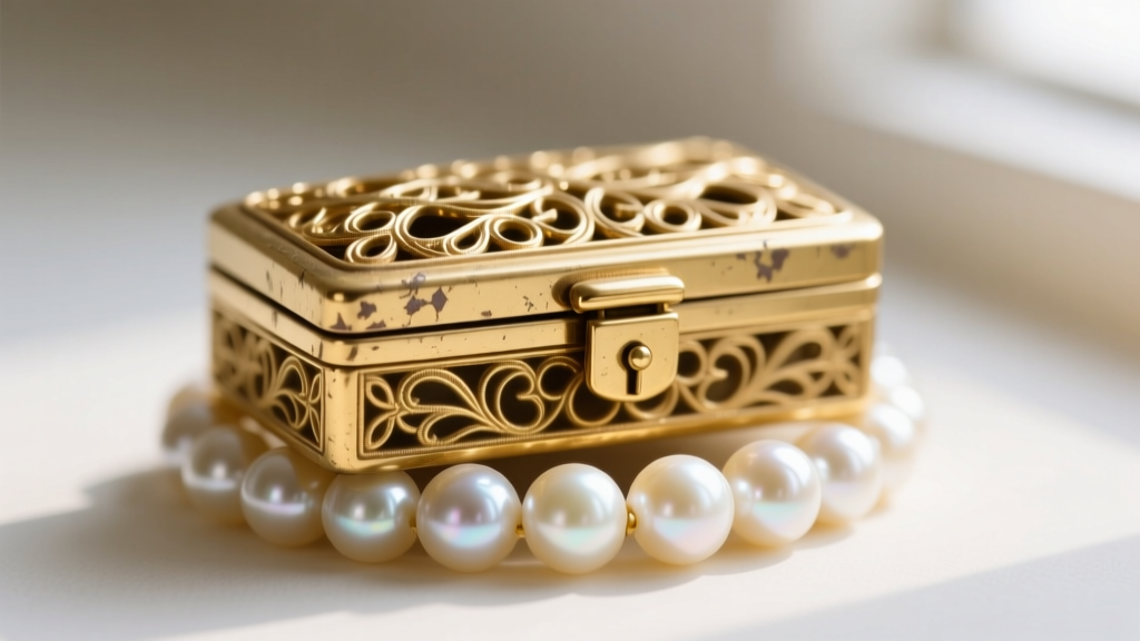 Close-up of a vintage 14k gold filigree box clasp with a safety catch on a pearl collar, showing slight patina and wear.