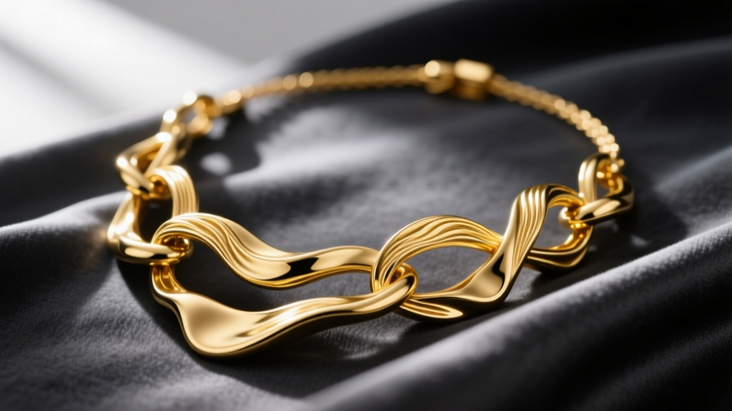 Macro shot of an 18k yellow gold necklace with asymmetric, molten-texture sculptural links resting on dark charcoal silk fabric.