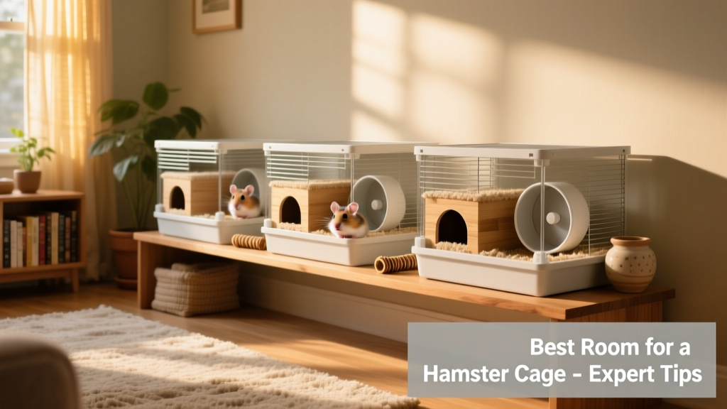 Three identical, spacious hamster habitats with nesting boxes, chew toys, and exercise wheels, arranged neatly on a low, stable shelf in a sunlit family room corner away from direct sunlight and foot traffic