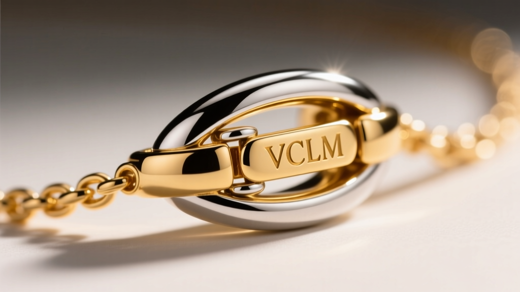 Close-up of a VCLM necklace clasp showing a thick gold layer over polished sterling silver under bright and warm studio lighting