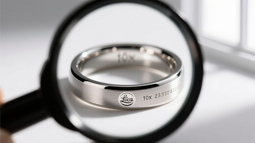 Loupe inspecting a hallmark stamp inside a platinum wedding band, with soft studio lighting emphasizing the fine metal grain