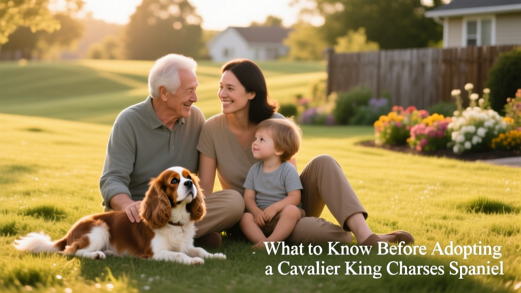 A multi-generational family—grandparent, parent, and child—sitting on grass with two Cavalier King Charles Spaniels nestled between them