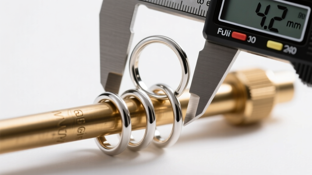 Brass mandrel holding freshly cut jump rings, with digital calipers measuring the inner diameter of the top sterling silver ring.
