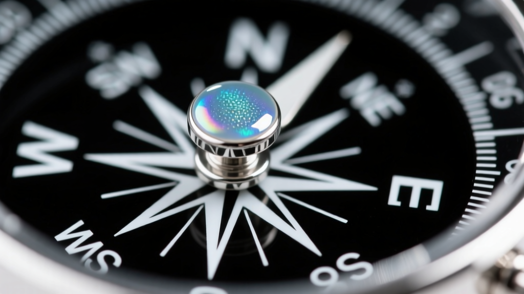 Macro view of vitreous enamel on a sterling silver scout compass stud, showing a glass-like finish and crisp white cardinal marks