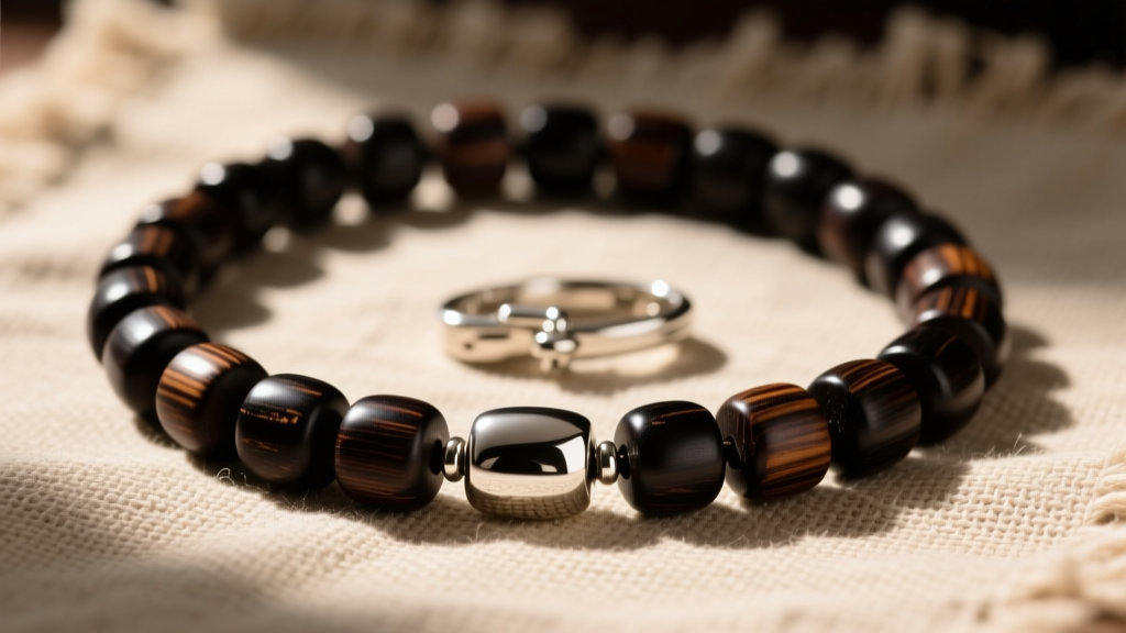 Macro shot of restored ebony wood necklace beads and silver clasp resting on rustic linen cloth under warm, directional sunlight.