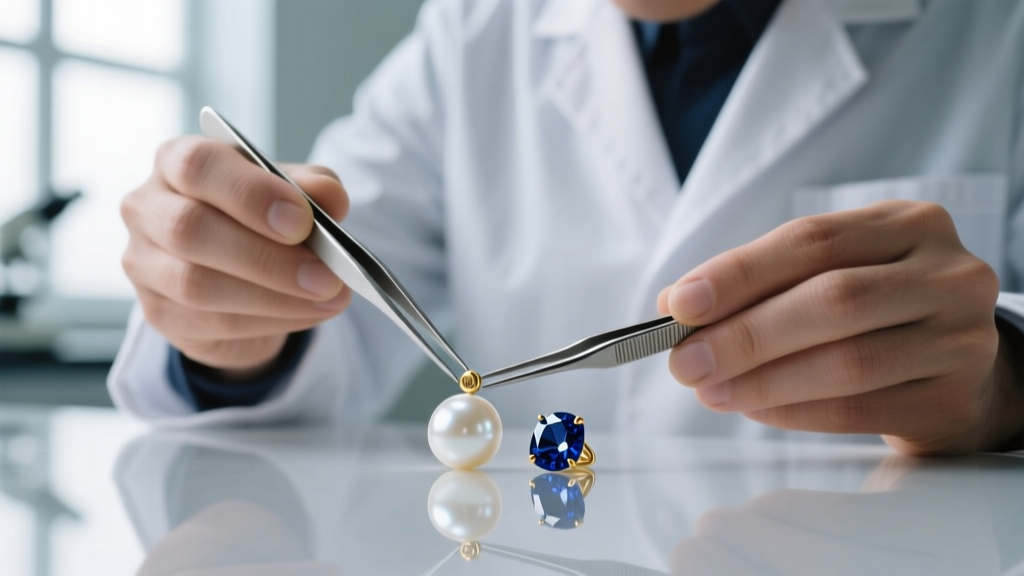 Jeweler using fine tweezers to place a tiny 14k gold spacer bead between a round white pearl and a dark blue sapphire gemstone.