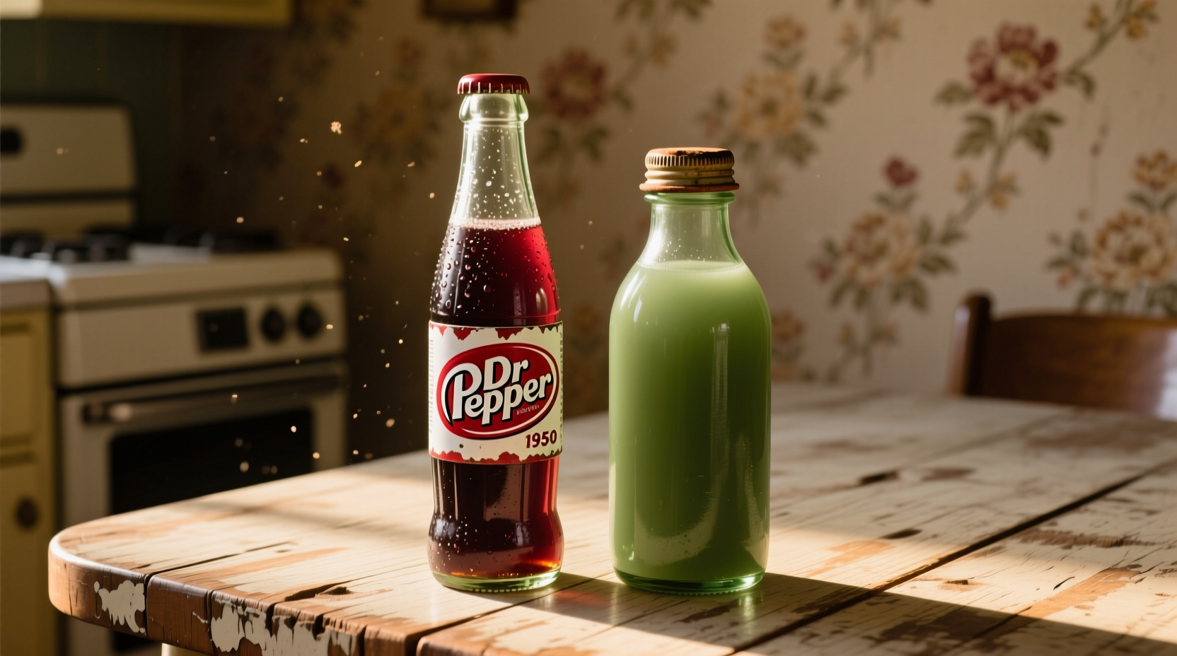 Vintage Dr Pepper bottle next to prune juice