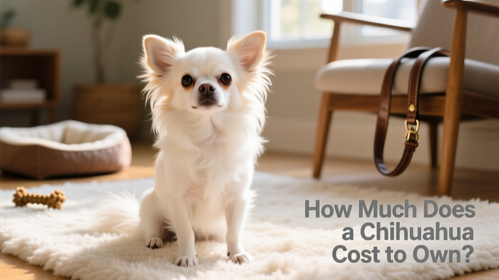A fluffy white long-haired Chihuahua sitting calmly on a soft rug