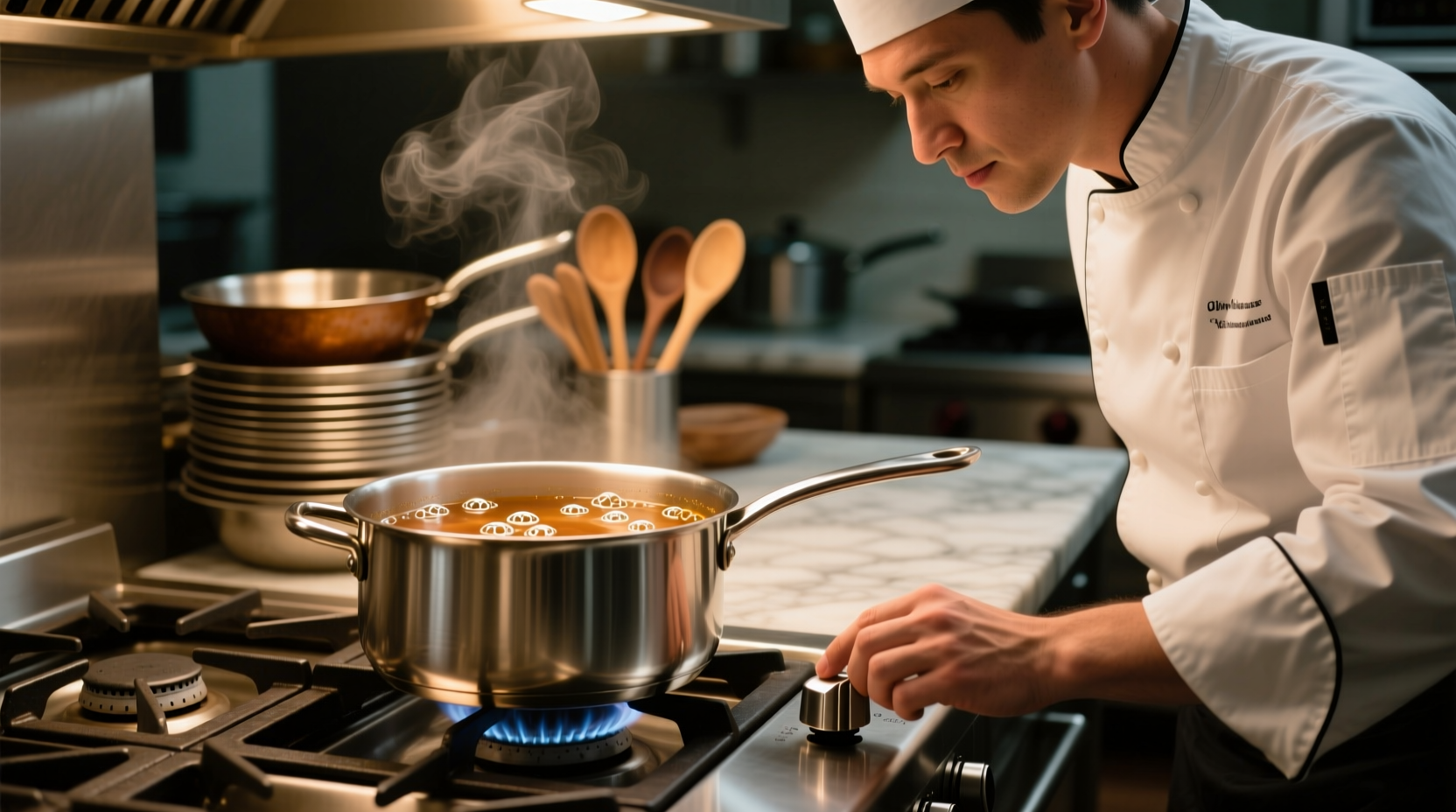 Chef adjusting heat for perfect simmer in stainless steel pot