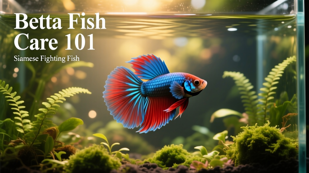 A vibrant male betta fish flaring its gills in a well-planted aquarium