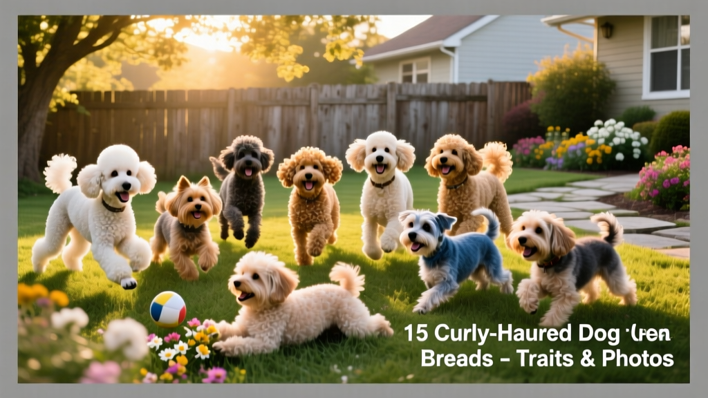 A group of diverse curly-haired dogs playing in a sunlit backyard