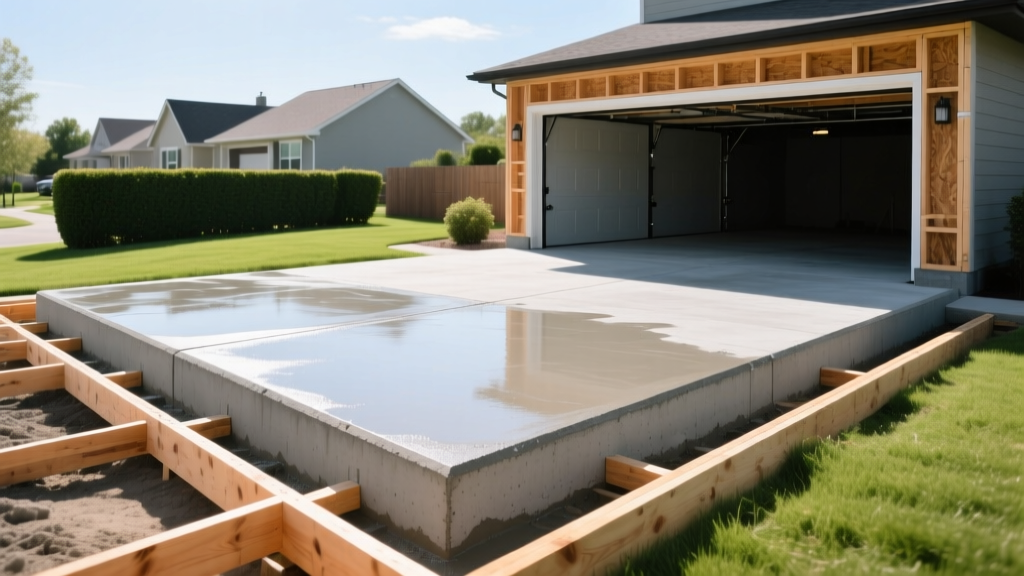 Poured concrete slab with wood framing for a 24x24 two-car garage under construction on a bright sunny suburban lot