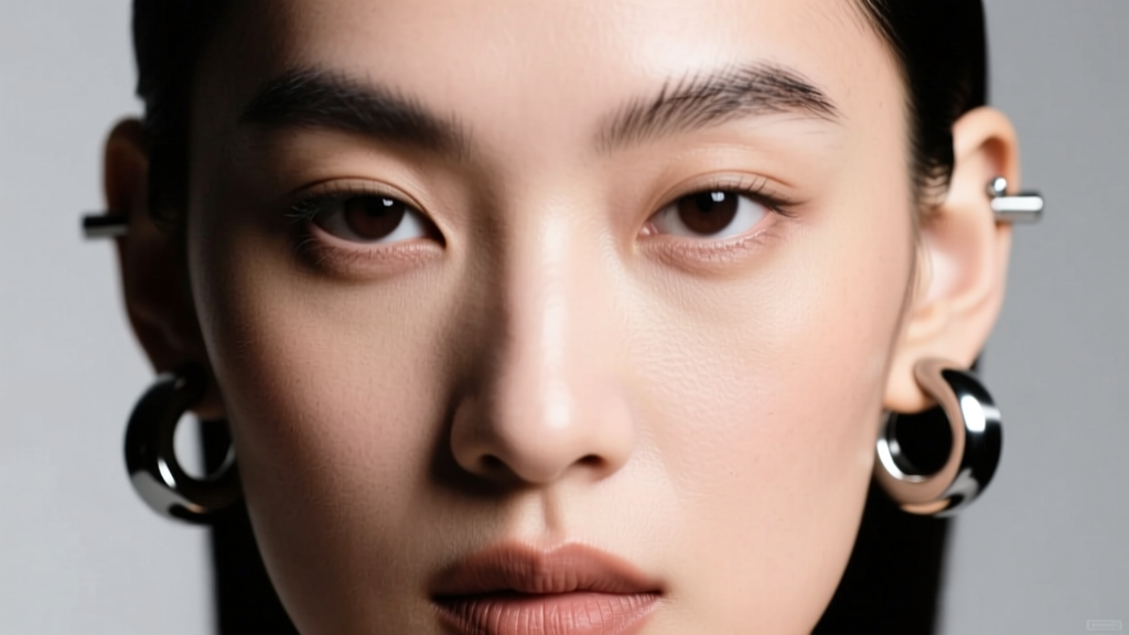 Close-up of black steel tunnels in stretched earlobes, soft studio lighting highlighting the smooth jewelry and healthy skin.