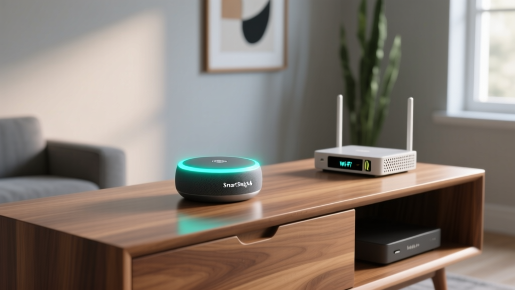 SmartThings Hub V4 puck device glowing with LED ring on a modern walnut media console next to a mesh router