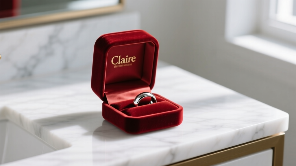 Open velvet gift box on a marble vanity revealing 20-gauge titanium Claire's sensitive solutions stud earrings with pearlescent gems