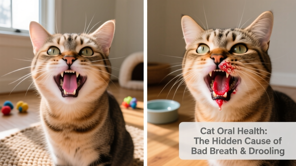 Side-by-side comparison showing healthy pink gums versus inflamed, red, receding gums in a cat