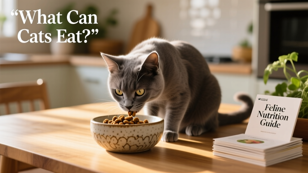 Grey cat eating from a ceramic bowl