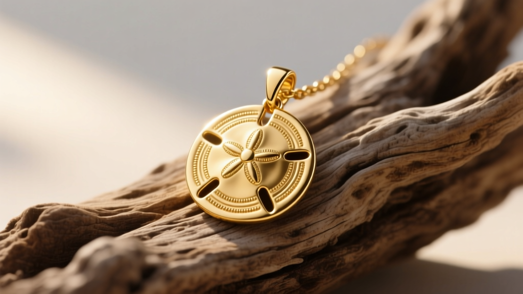 Close-up of a delicate 14k yellow gold sand dollar pendant resting on a weathered piece of driftwood with soft natural sunlight.