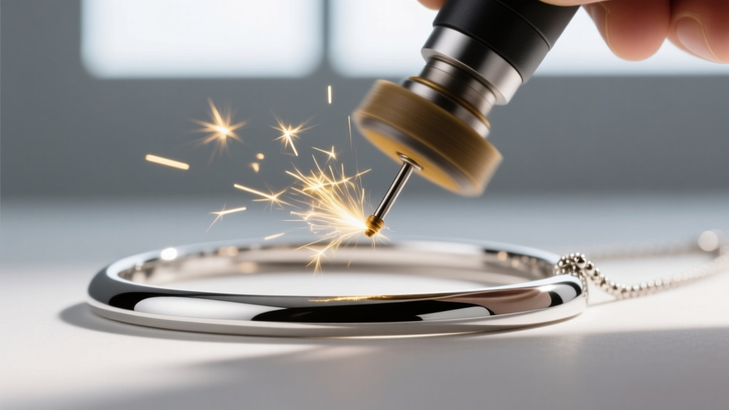 Side profile of a platinum necklace bezel being polished with a rotary tool, highlighting the smooth, scratch-free metal finish.
