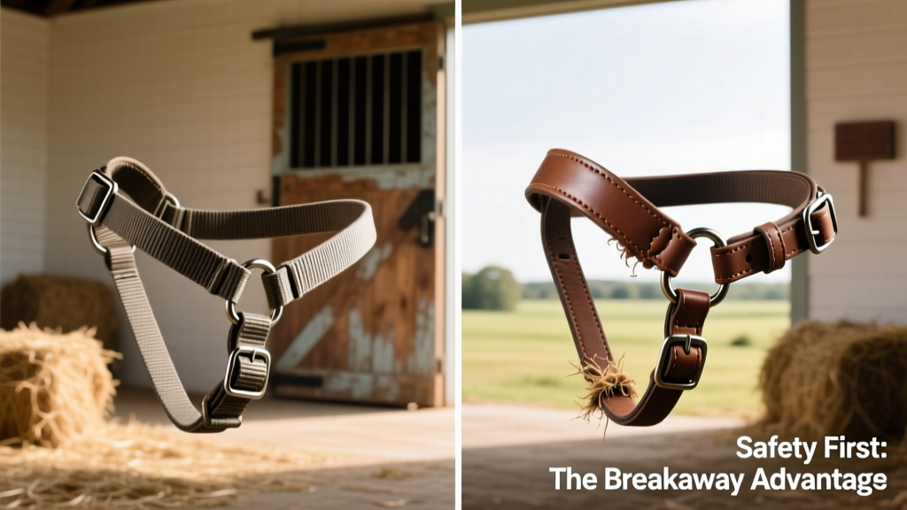 Side-by-side comparison of a standard nylon halter and a breakaway halter highlighting the leather crownpiece break point