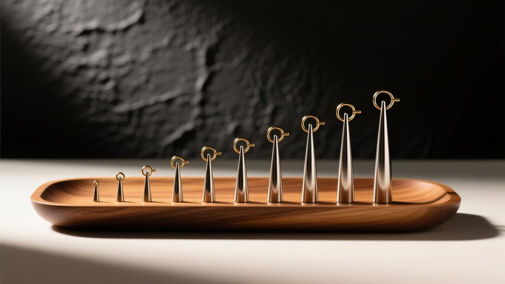 Wooden tray with ear stretching tapers from 14-gauge to 00-gauge under warm overhead light against a dark textured wall