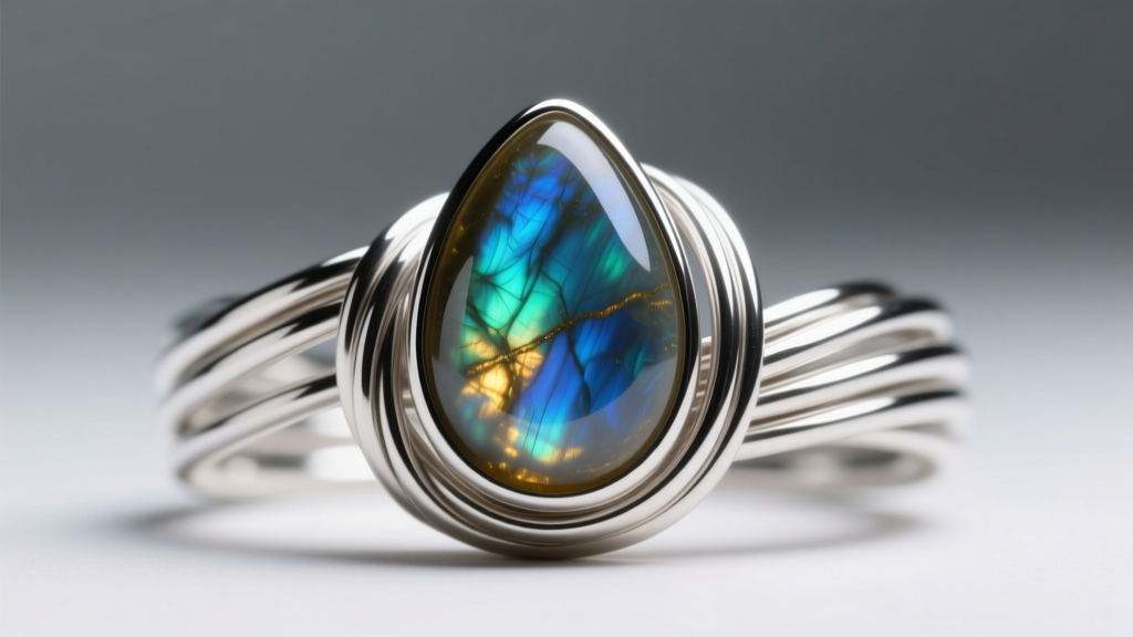 Close-up of 20-gauge Argentium silver wire tightly coiled around a teardrop labradorite cabochon under bright bench lighting.