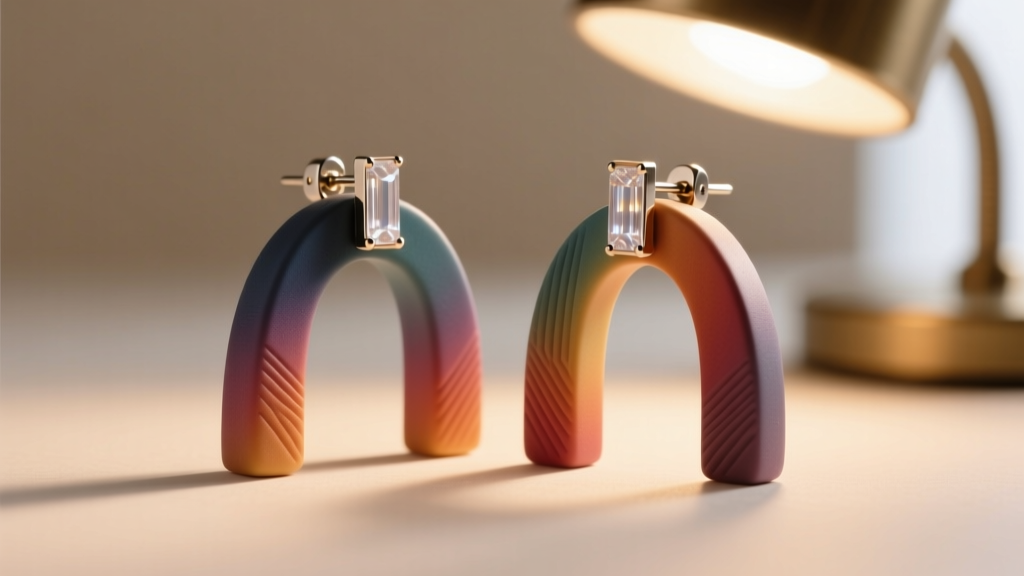 Finished matte polymer clay arch earrings with titanium flat-pad posts attached using UV resin, illuminated by a warm desk lamp