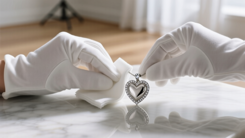 Hands in white cotton gloves gently wiping a silver heart pendant with a damp microfiber cloth, carefully avoiding crystal accents.