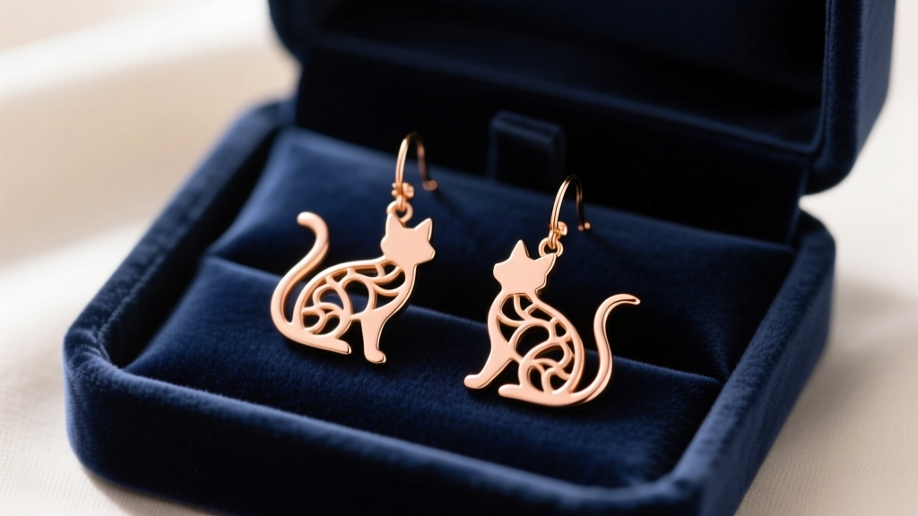 Two delicate 14k rose gold cat silhouette dangle earrings stored inside a plush velvet-lined anti-tarnish jewelry box tray.
