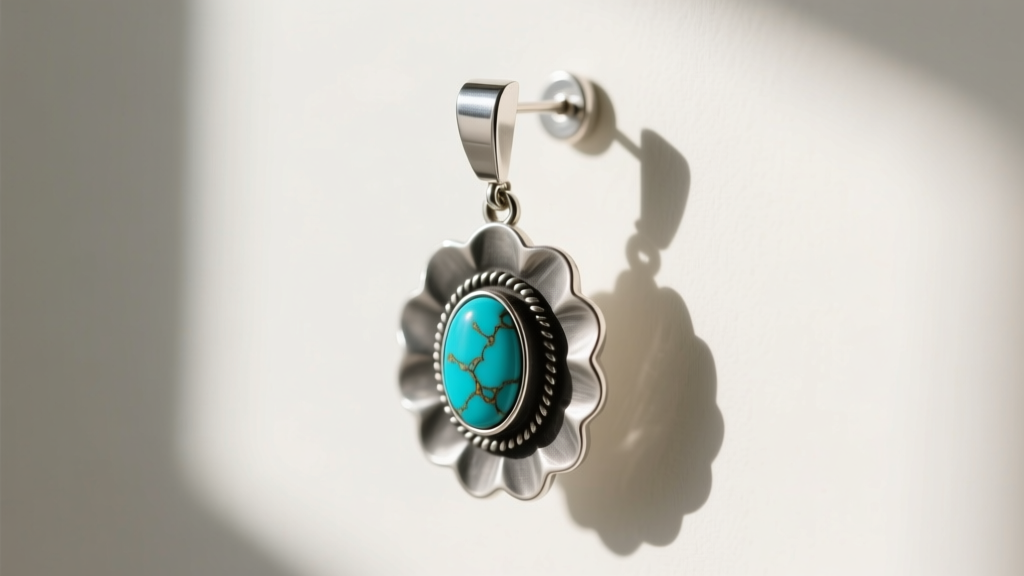 Close-up of a 20-gauge sterling silver post with silicone backing supporting a heavy, scalloped concho turquoise dangle earring