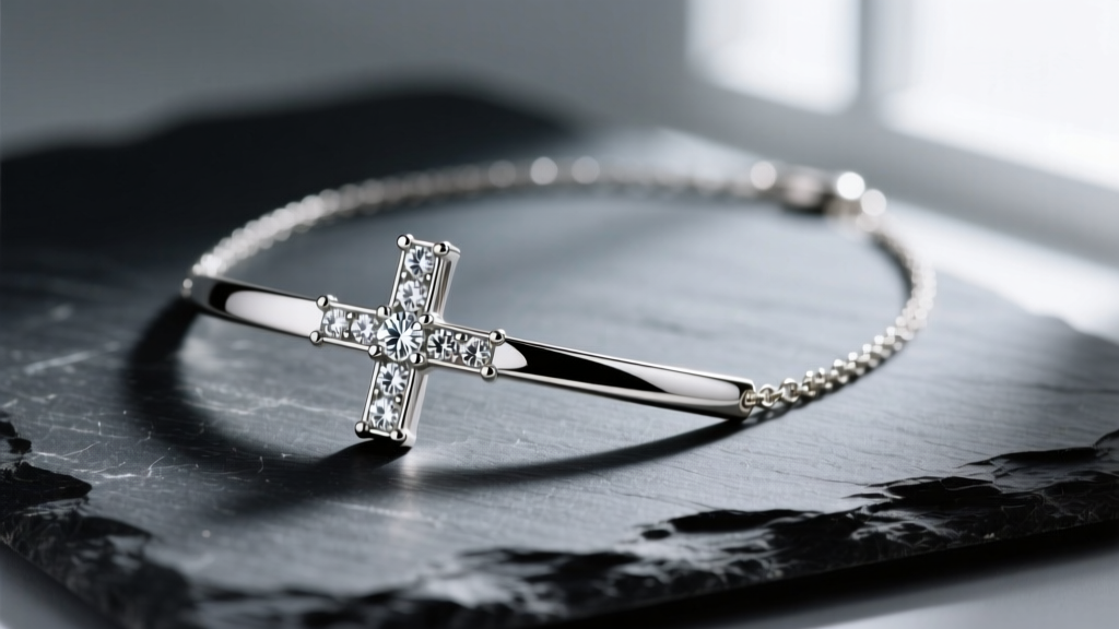 Macro shot of 14k white gold sideways cross necklace on slate, highlighting rhodium-plated horizontal bar and diamond accents.