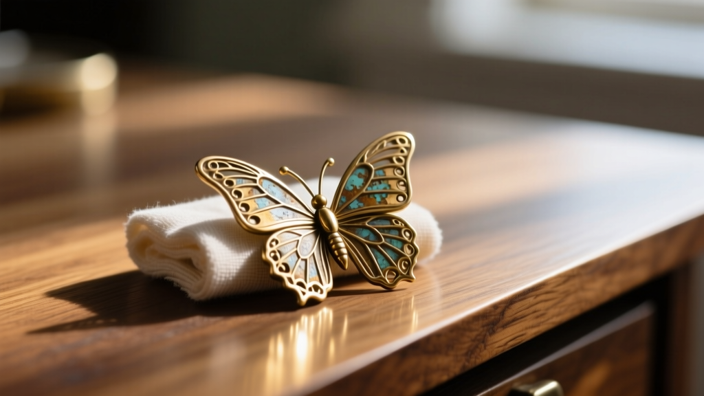 Tarnished brass butterfly pendant gently brushed with a soft microfiber cloth and specialized silver polish on a wooden desk.