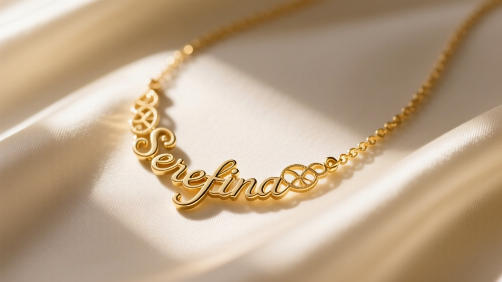 Macro shot of an 18k gold vermeil Serefina initial necklace on cream silk fabric, illuminated by soft directional window light.