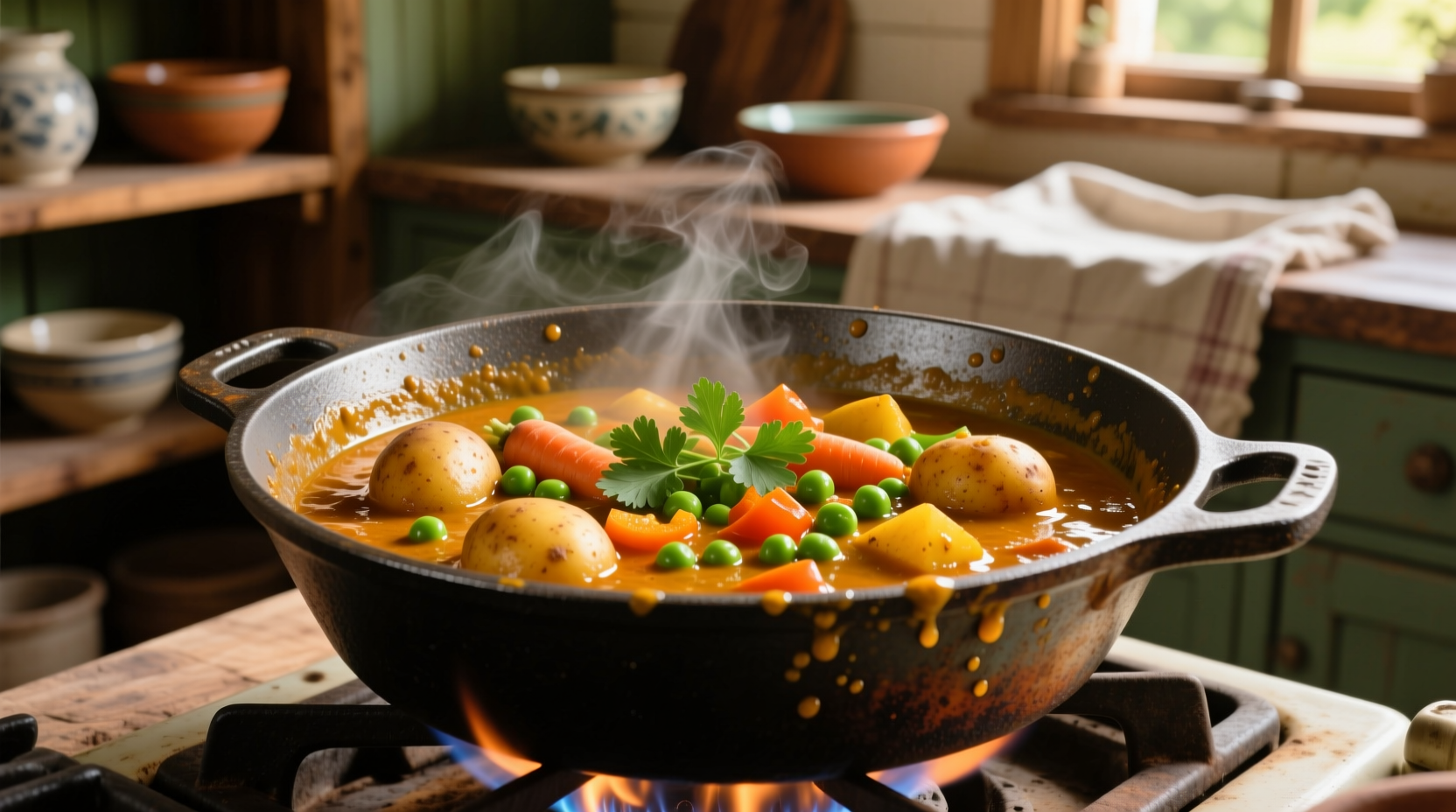 Potato and vegetable curry simmering in cast iron pot
