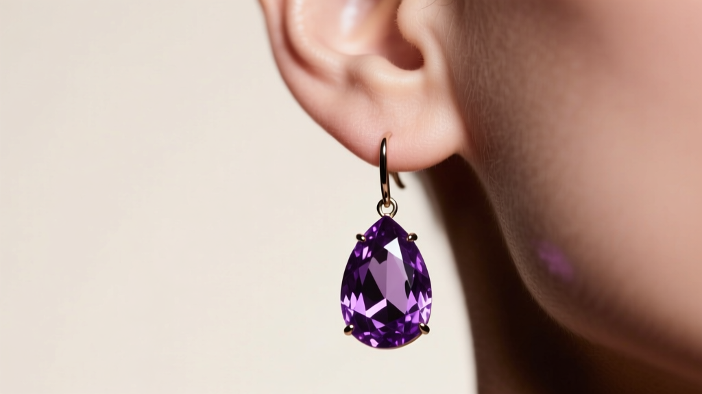 Macro photo of heavy amethyst purple drop earrings on a sagging earlobe, soft studio lighting highlighting deep violet gem facets