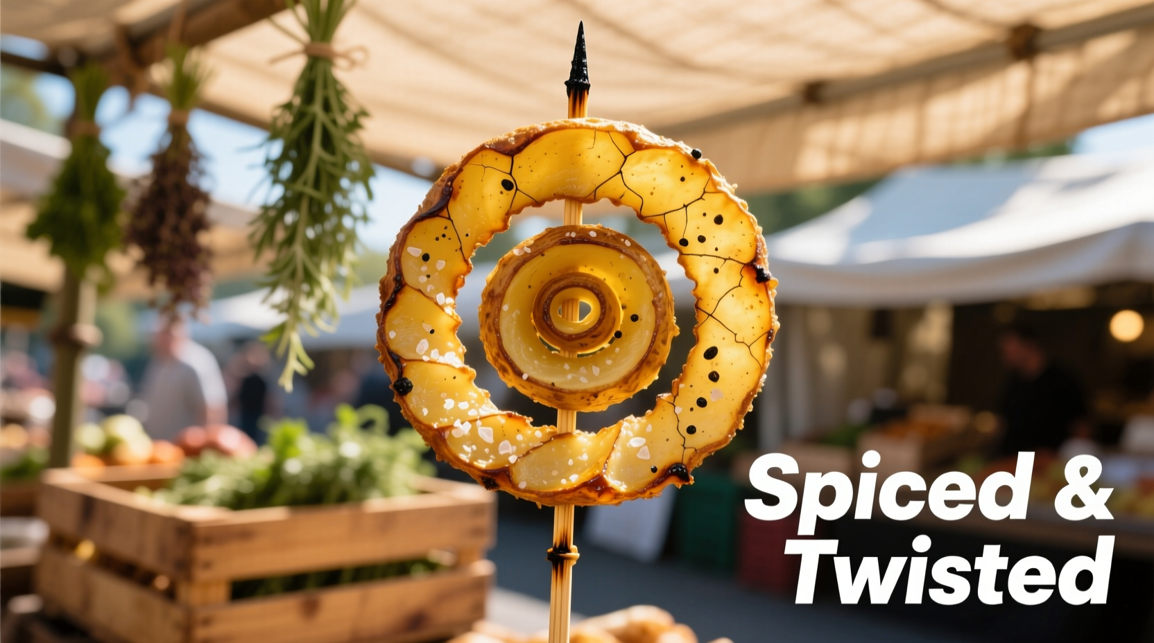 Golden twisted potato spiral on skewer with seasoning