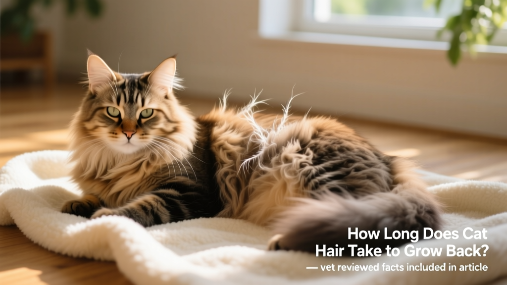 A relaxed long-haired cat resting on a soft blanket, with visible new fur growth along the spine and shoulders