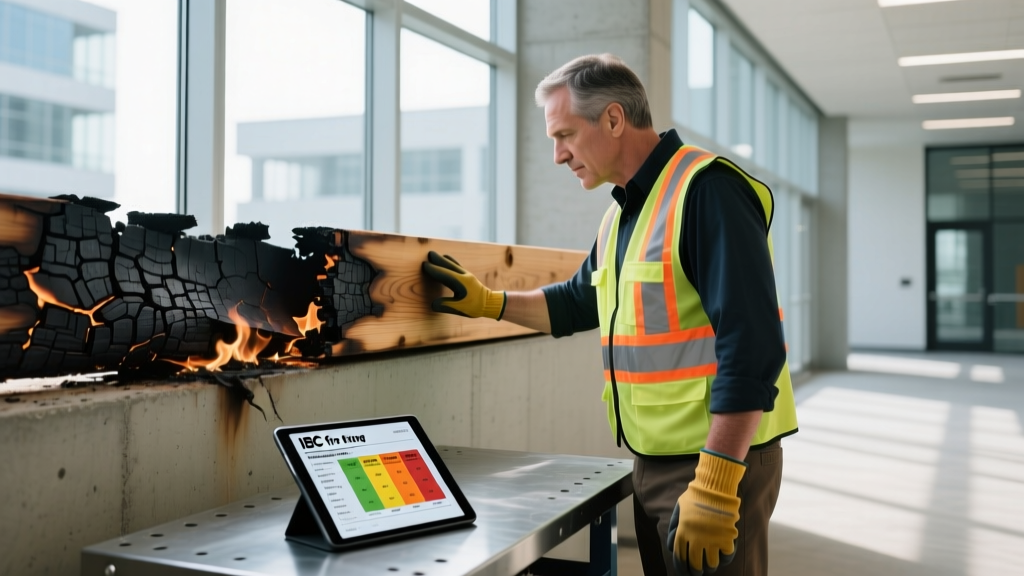 Construction inspector examining charred timber beam next to tablet displaying IBC fire rating charts in modern commercial building.