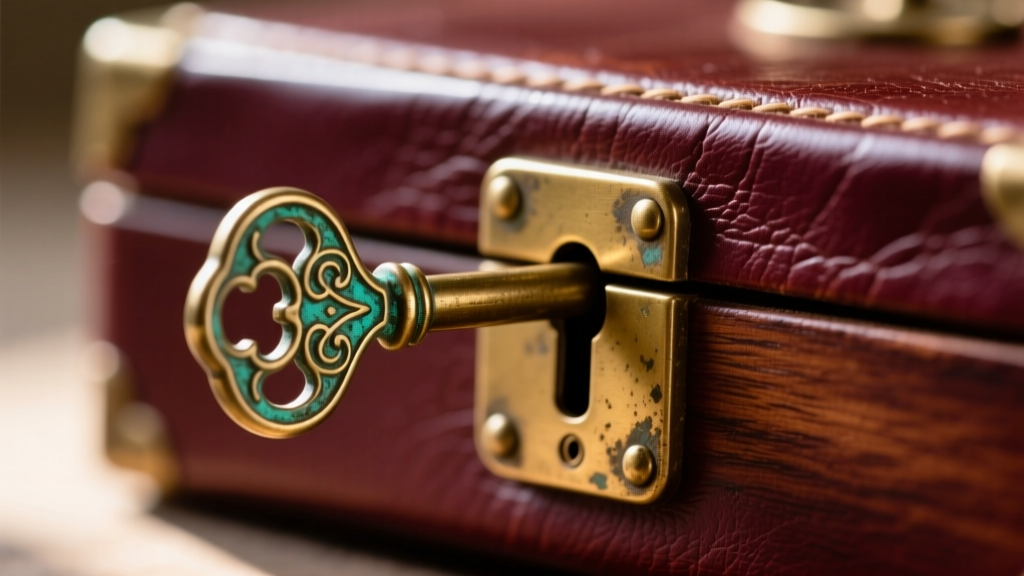 Extreme close-up of a small brass key inserted into a vintage lock on a leather-bound jewelry box, highlighting the patina.