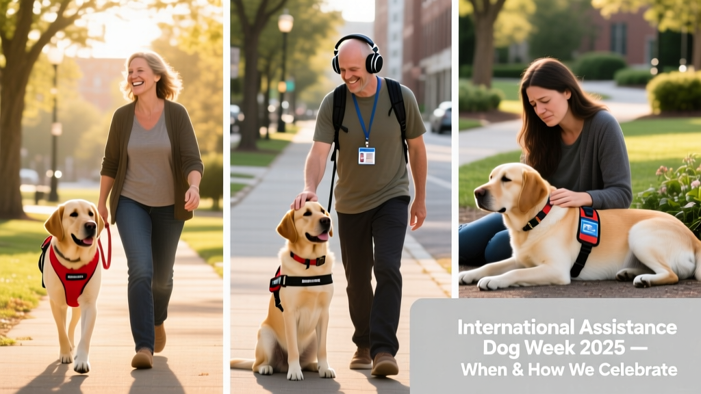 A collage of diverse assistance dog teams—guide dog, hearing dog, psychiatric service dog—each smiling proudly with their human partners