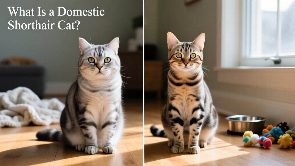 Side-by-side comparison showing a robust American Shorthair with a broad face and thick coat next to a leaner, more varied-looking domestic shorthair