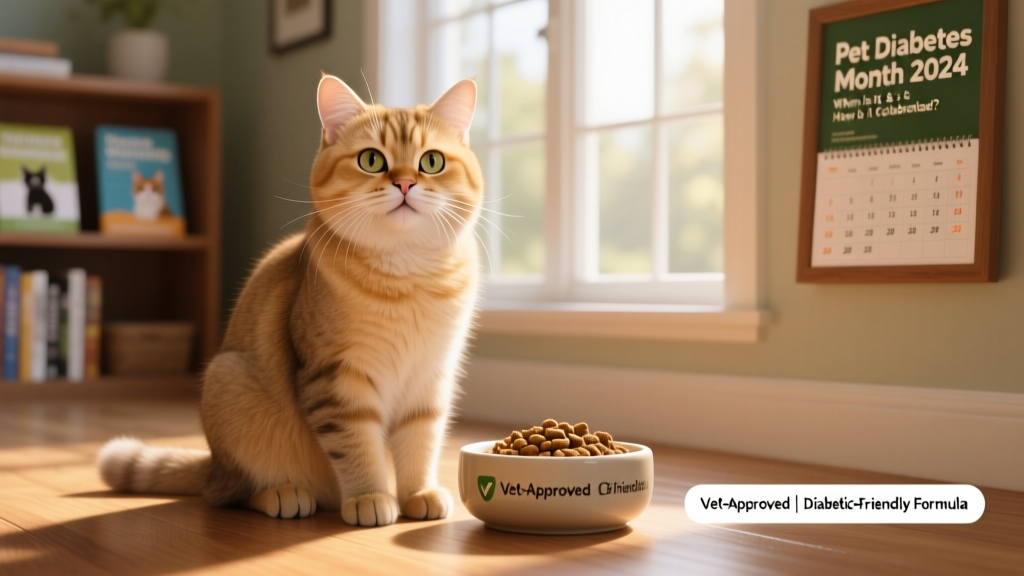 A happy, well-groomed senior cat sitting beside a bowl of vet-approved diabetic cat food