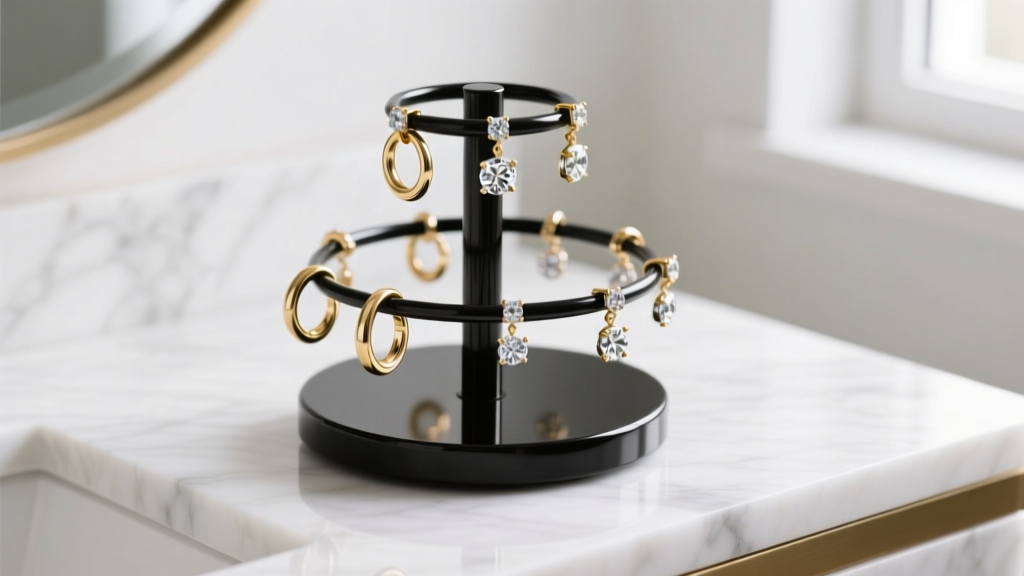 Black metal rotating earring holder on white marble vanity, displaying gold hoops and diamond studs in soft light