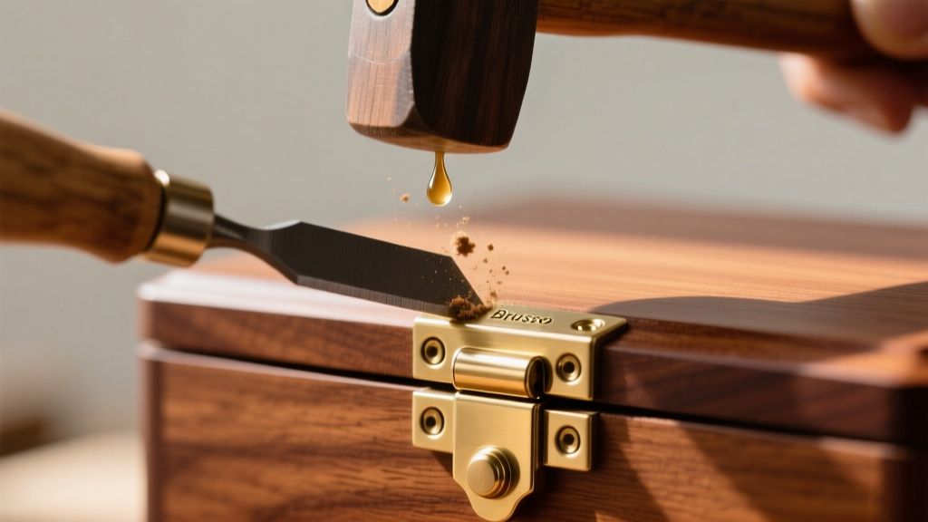 Close-up macro shot of solid brass Brusso stop hinges being installed on a cherry wood jewelry box lid using a chisel and mallet