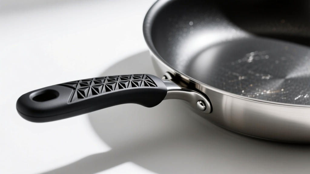 Close-up of a custom black TPU 3D printed ergonomic replacement handle securely riveted to a stainless steel non-stick frying pan