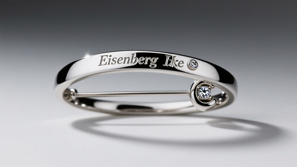 Close-up of an Eisenberg Ice brooch back showing the stamped hallmark and secure C-clasp under bright, focused studio lighting setup.