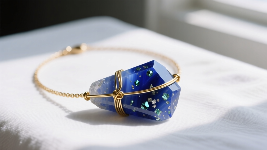 Close-up of raw lapis lazuli crystal necklace with gold wire wrap, showing deep blue hues and pyrite flecks on a white linen top