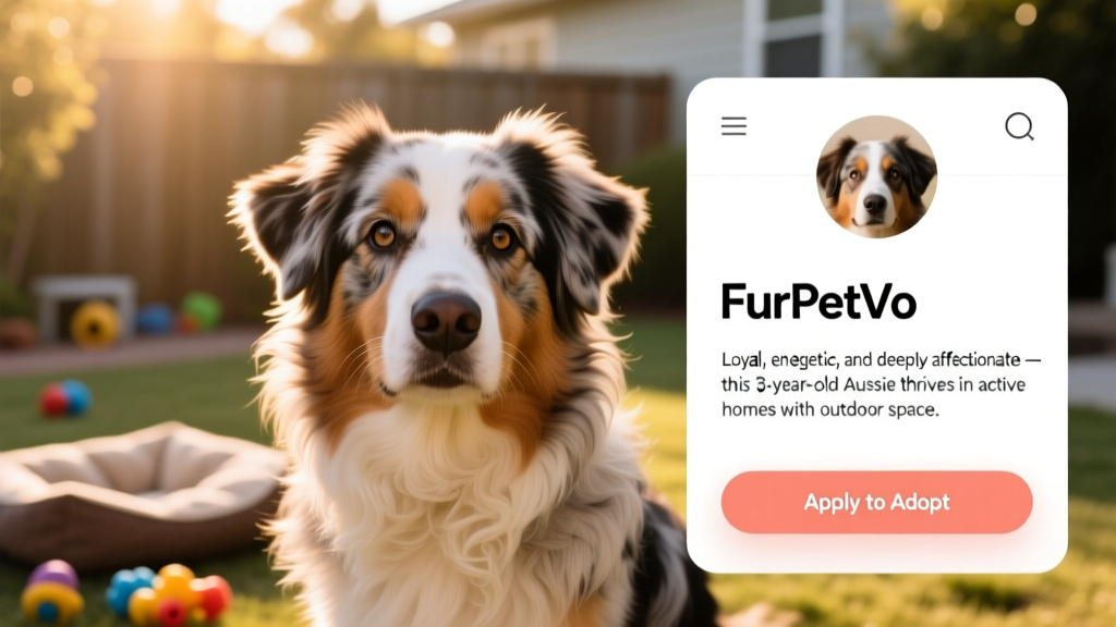 Screenshot of a FurPetVo profile page showing an Australian Shepherd's photo, bio, and 'Apply to Adopt' button