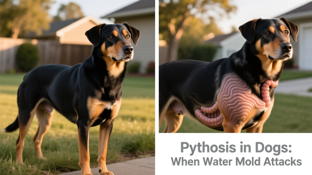 Side-by-side comparison: healthy dog abdomen vs. distended abdomen with visible intestinal thickening from pythiosis